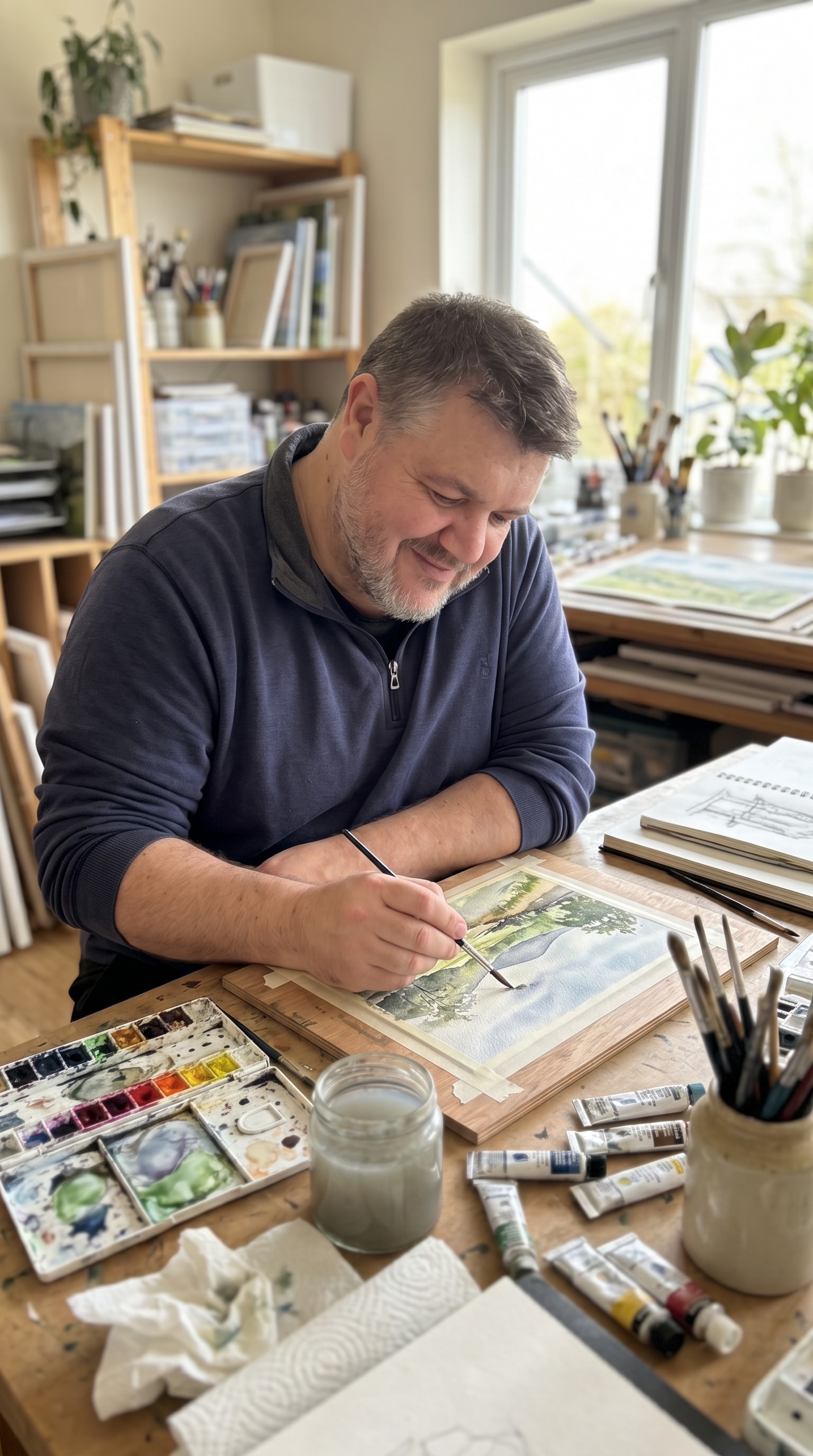 Watercolour brushes and palette in the studio